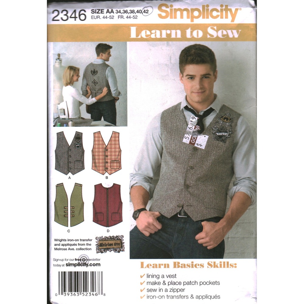 Simplicity 2346 Mens Vest Sewing Pattern Learn to Sew Size 34-42 cut